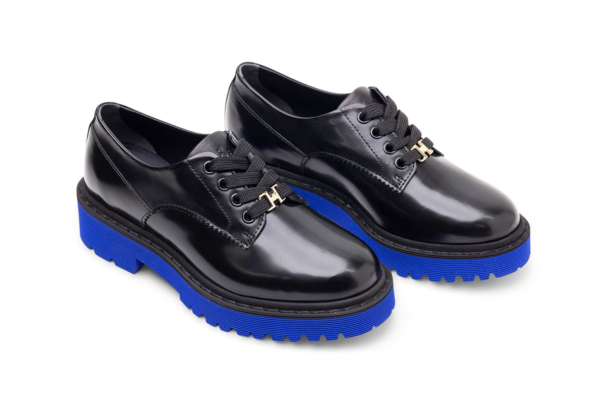 Hogan Women’s Black Patent Derby Shoes with Royal Blue Lug Sole