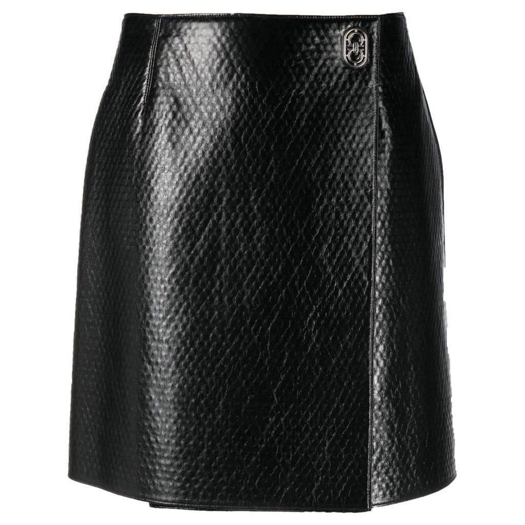 Ferragamo Embossed Wrap Leather Skirt in Black