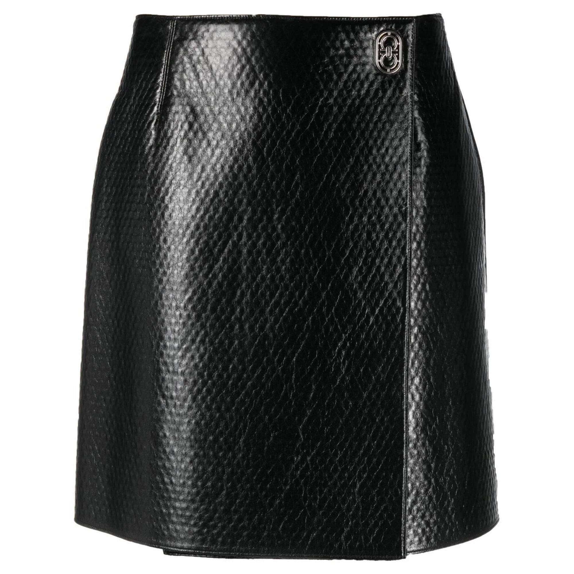 Ferragamo Embossed Wrap Leather Skirt in Black