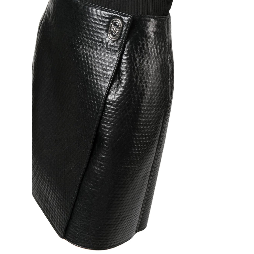 Ferragamo Embossed Wrap Leather Skirt in Black