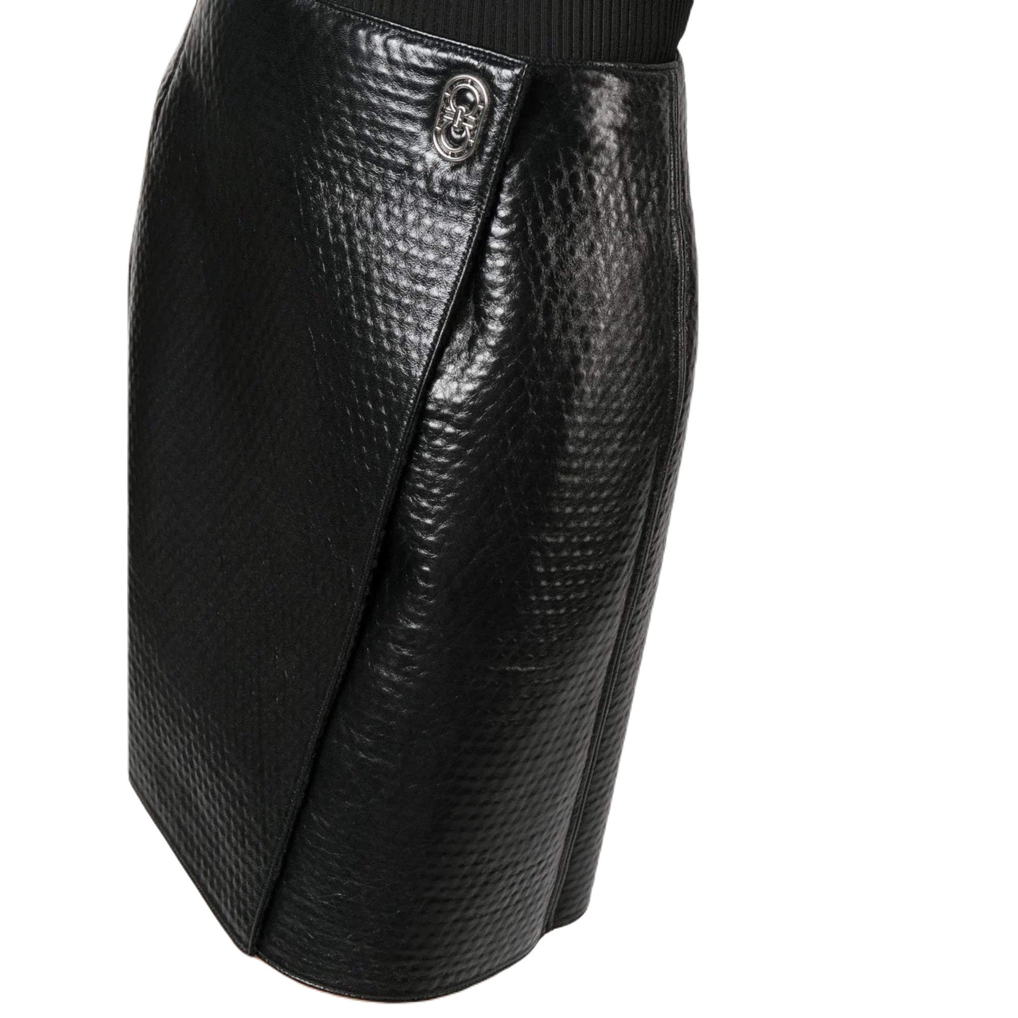 Ferragamo Embossed Wrap Leather Skirt in Black
