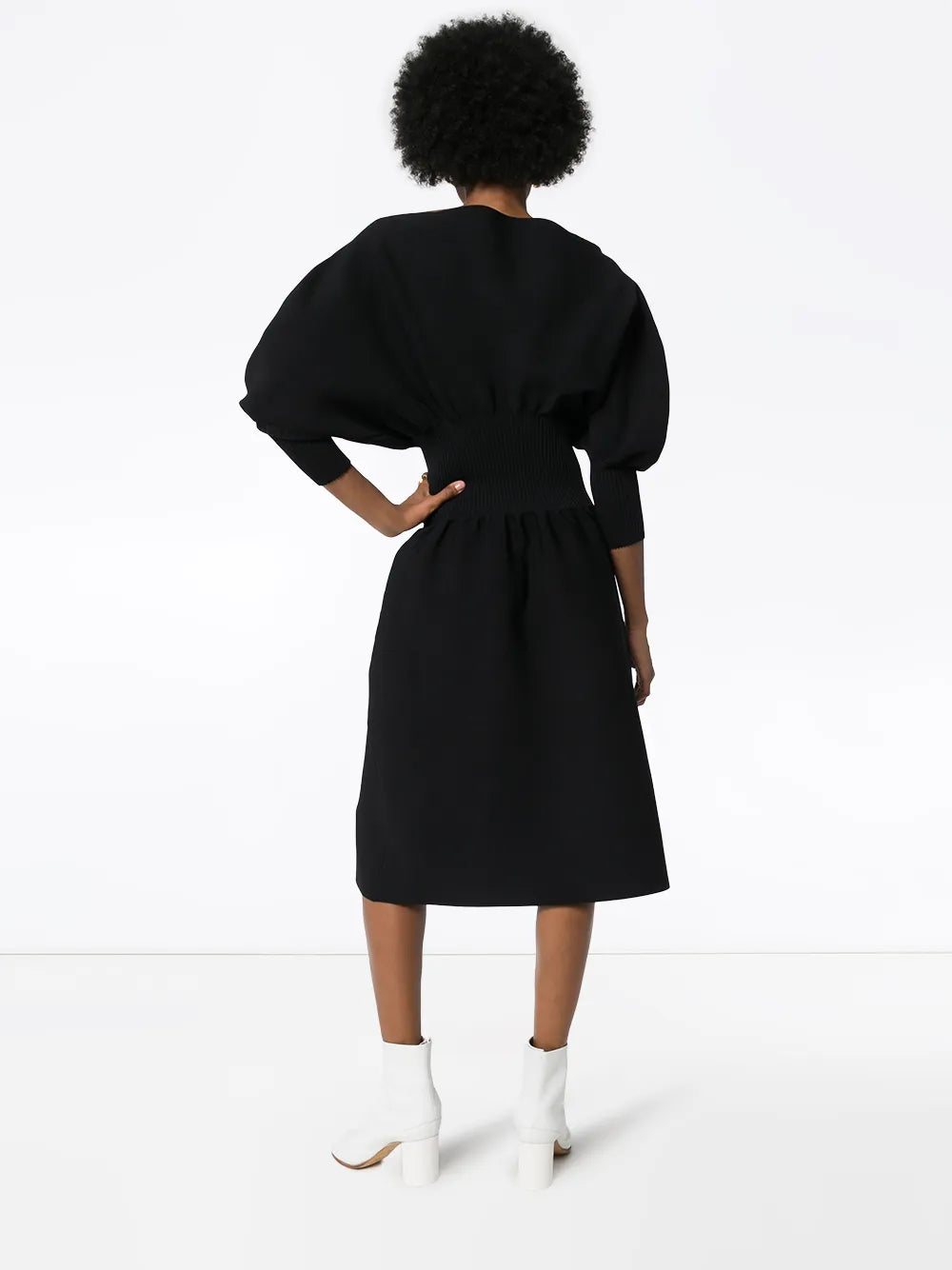 Bottega Veneta Pouf Sleeve Flared Midi Dress in BLACK