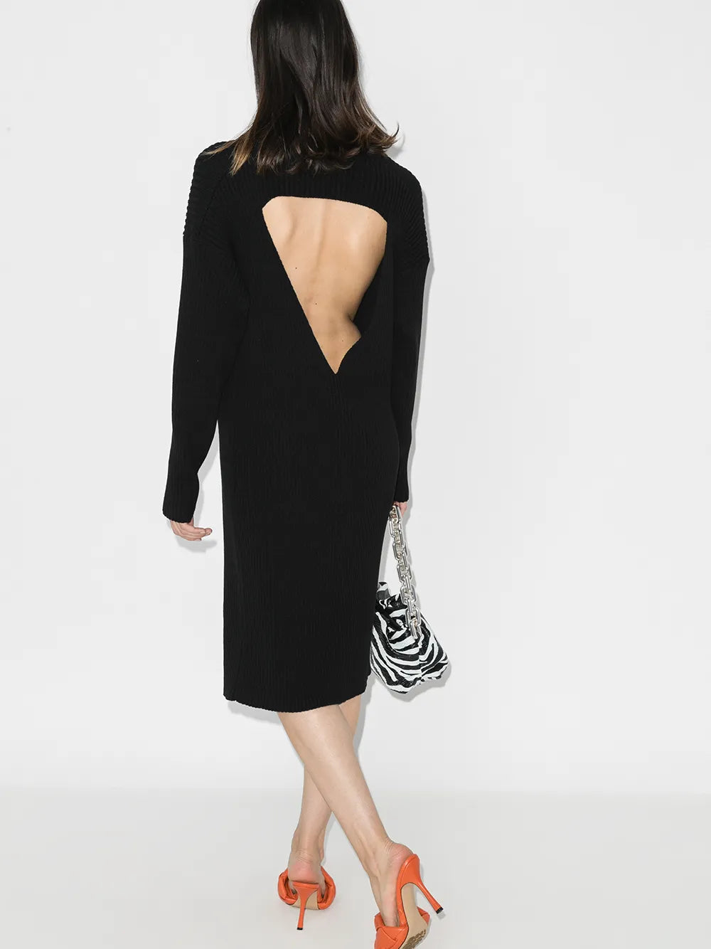 Bottega Veneta Cut-Out Knee-Length Sweater Dress in BLACK