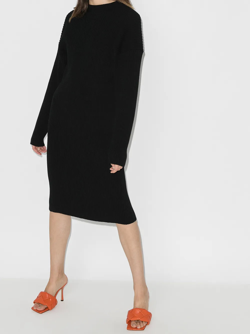 Bottega Veneta Cut-Out Knee-Length Sweater Dress in BLACK