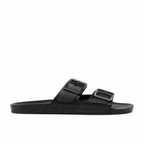 Black sandal with two buckles on a white background