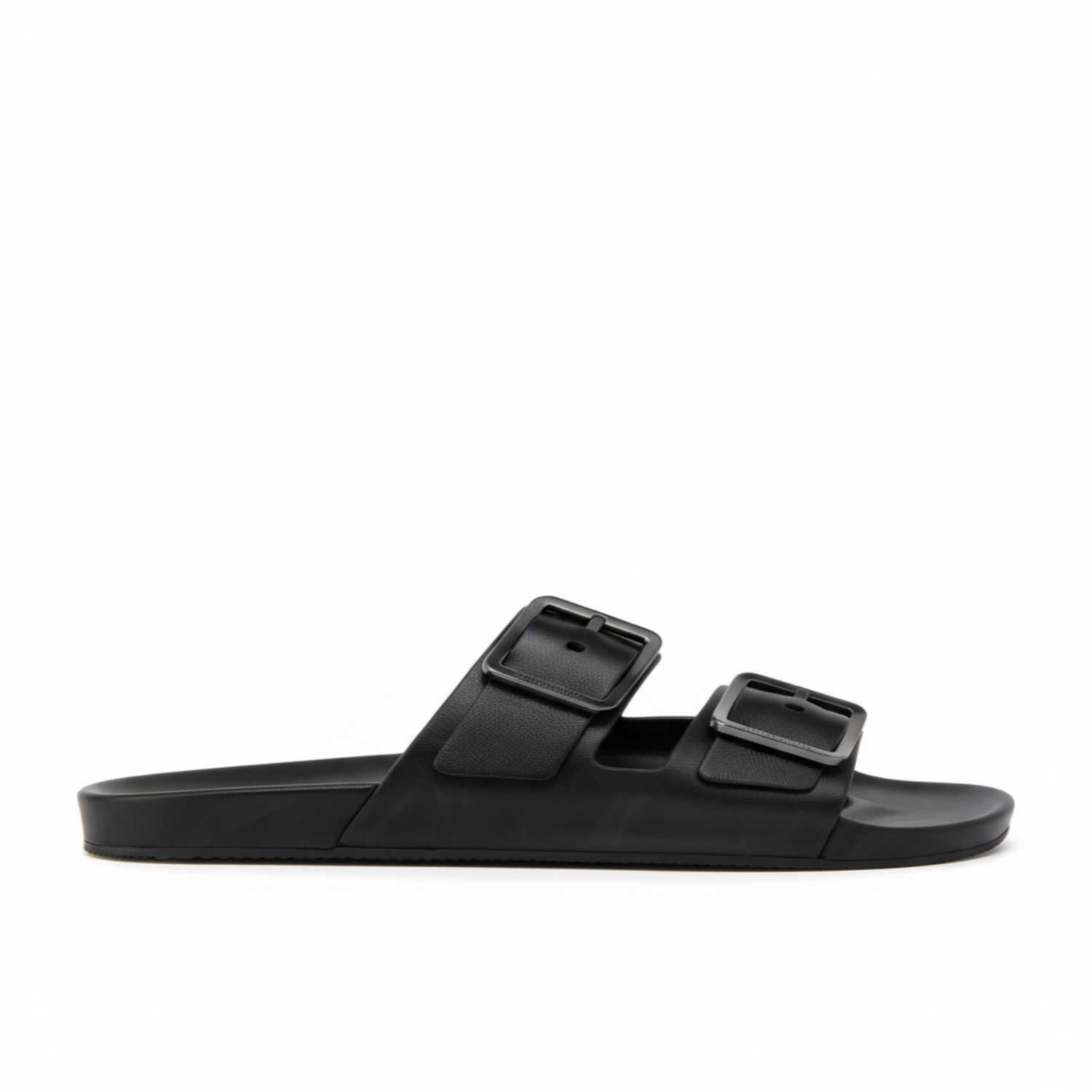 Black sandal with two buckles on a white background
