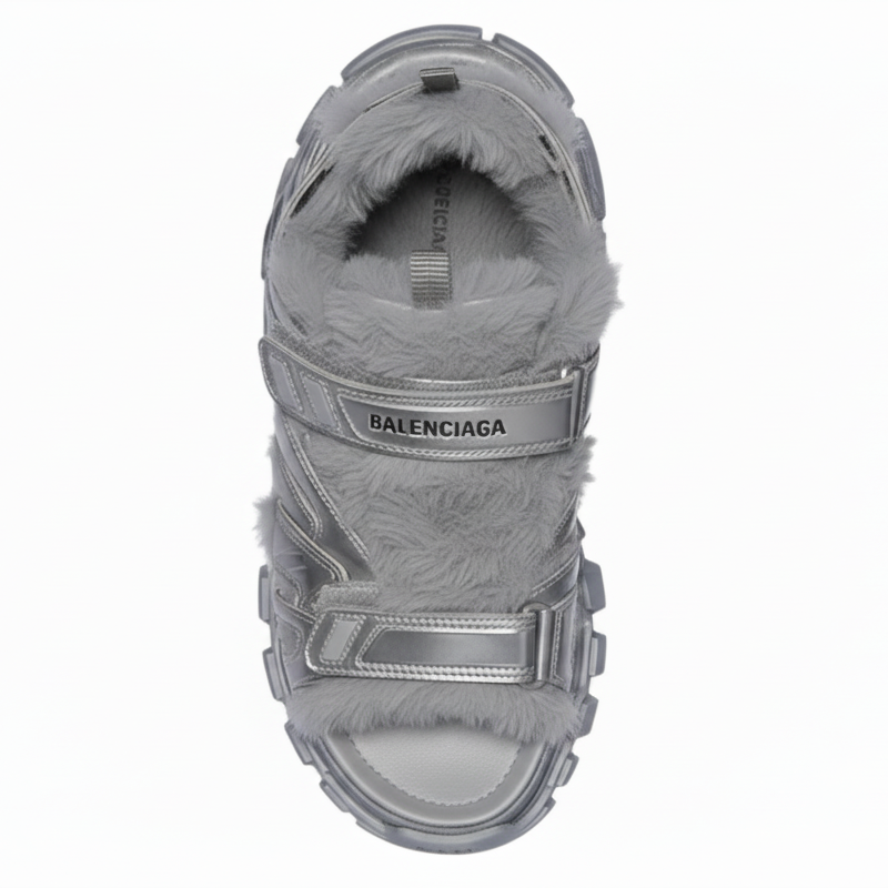 Gray sandal with Balenciaga logo on a white background