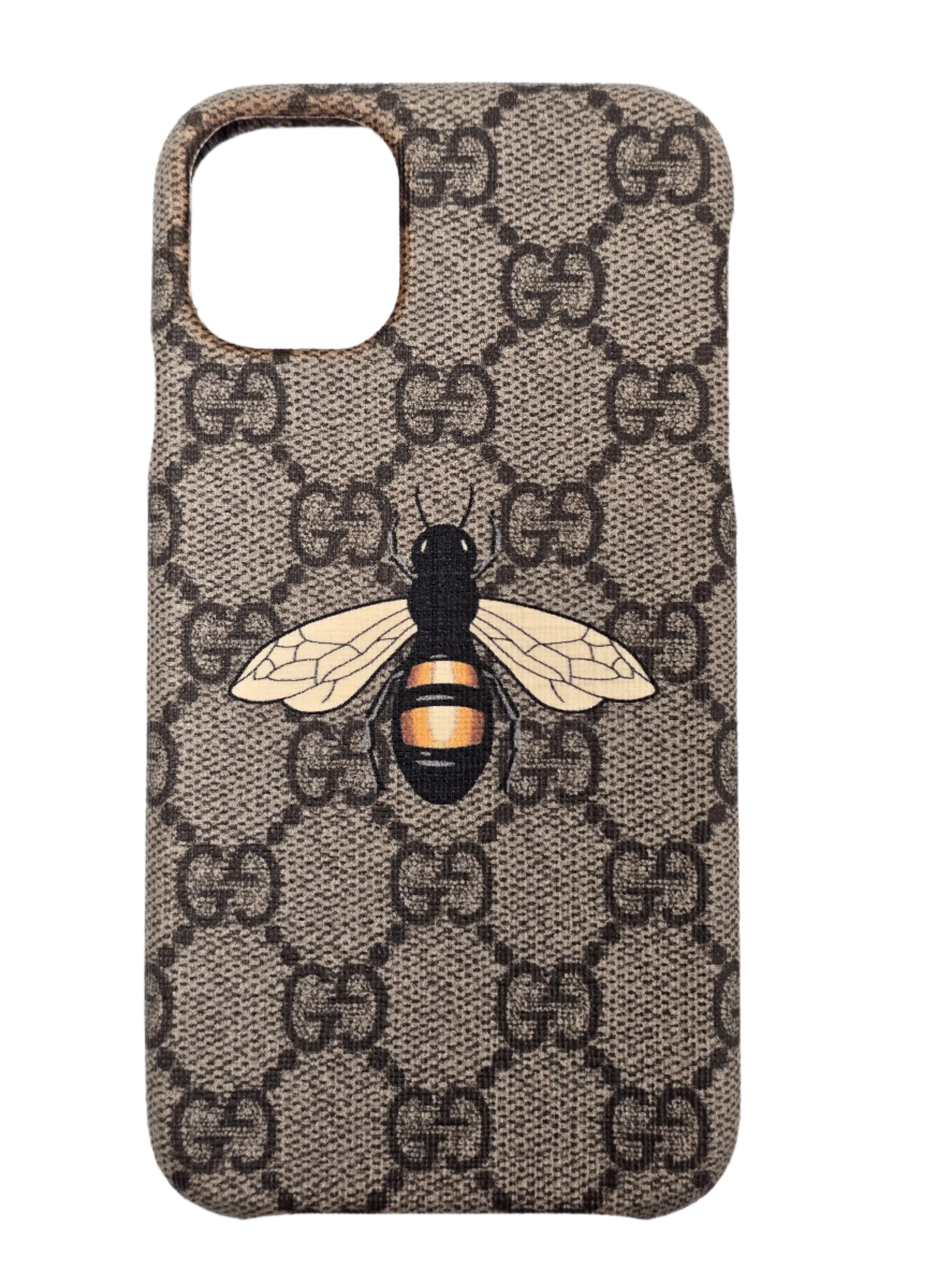 Phone case with Gucci pattern and bee design on a white background
