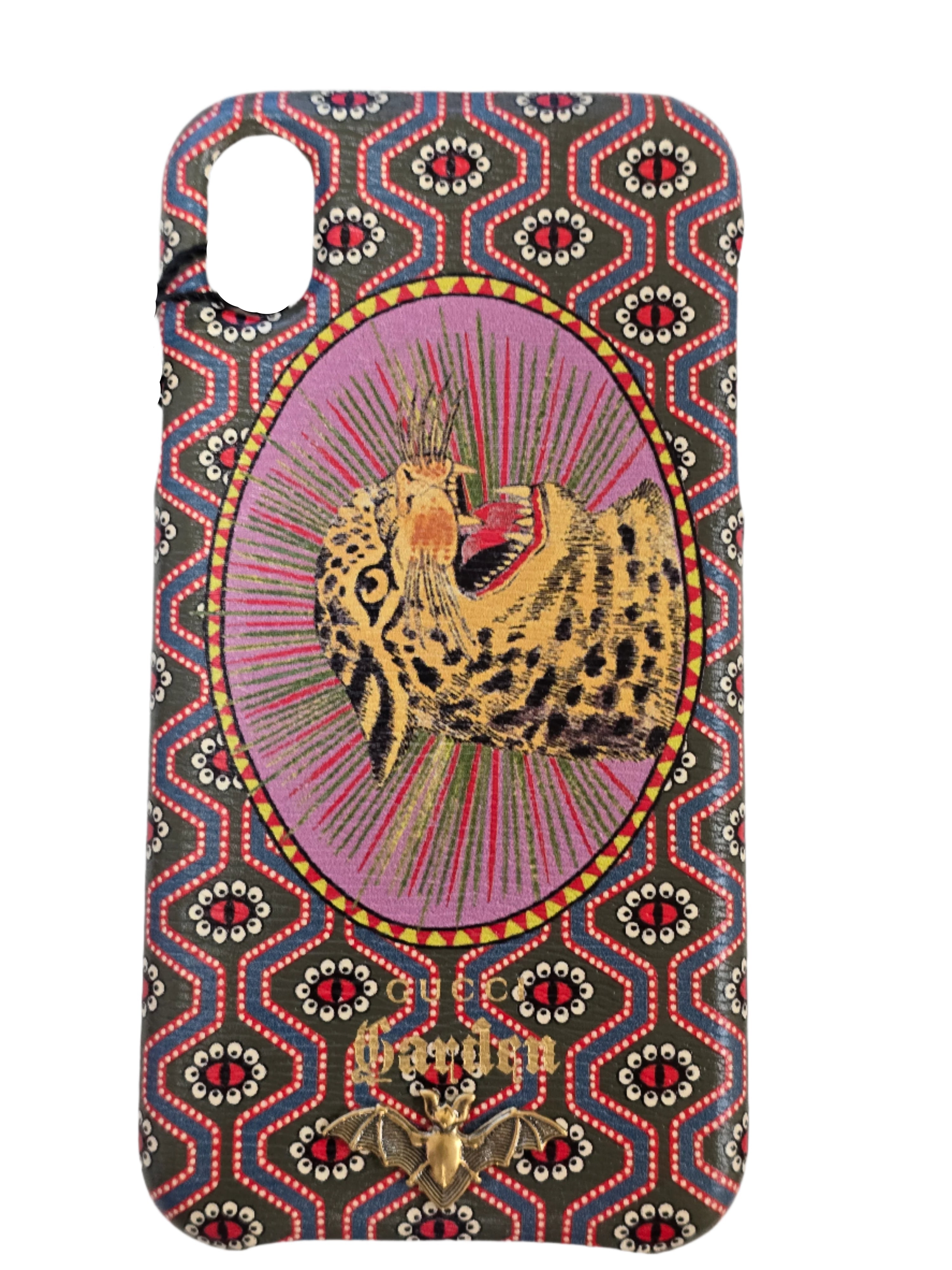 Phone case with leopard design and colorful pattern on a white background