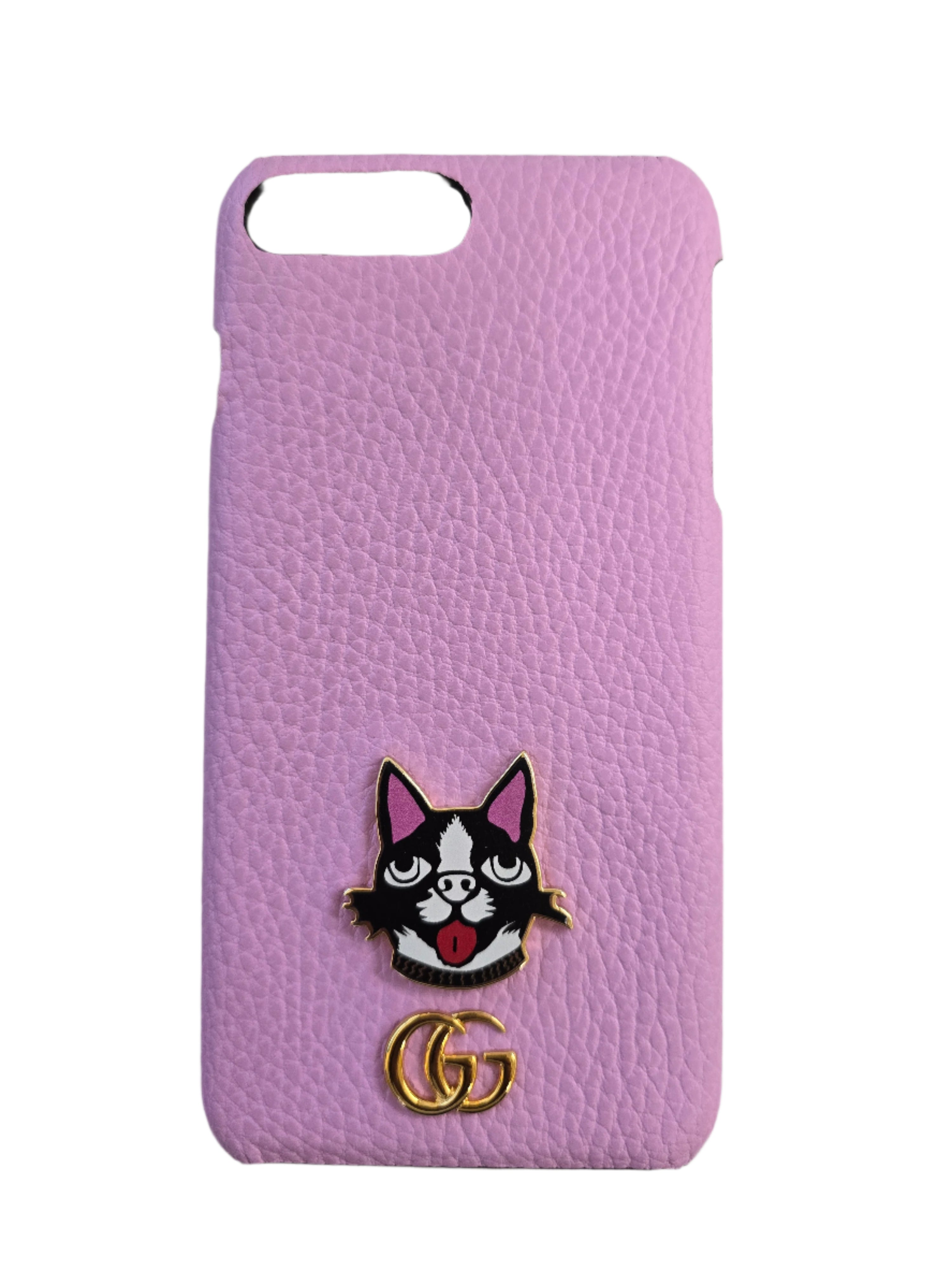 GUCCI Pink Leather Cat & GG Logo iPhone Case